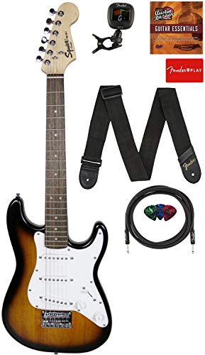 Fender Squier 3/4 Size Kids Mini Strat Electric Guitar Learn-to-Play Bundle with Tuner, Strap, Picks, Fender Play Online Lessons, and Austin Bazaar Instructional DVD - Brown Sunburst