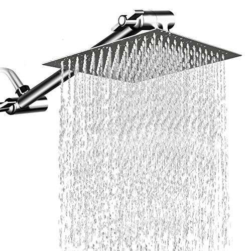12'' Square Rain Showerhead with 11'' Adjustable Extension Arm, Large Stainless Steel High Pressure Shower Head,Ultra Thin Rainfall Bath Shower with Silicone Nozzle Easy to Clean and Install