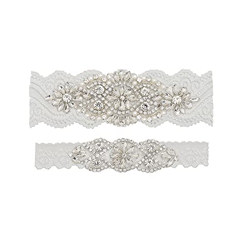 yanstar Wedding Bridal Garter Off-White Stretch Lace Bridal Garter Sets with Silver Rhinestones Clear Crystal Pearl for Wedding