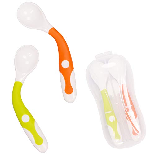 Baby Utensils Spoons with Travel Safe Case Toddler Babies Children Feeding Training Spoon Easy Grip Heat-resistant Bendable Soft Perfect Self Feeding Learning Spoons (2 Spoons)