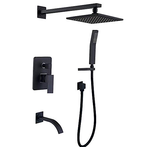 Shower System Matte Black Shower Faucet set with 8 inches Rain Shower Head and Waterfall Tub Spout Shower Fixtures(Black Shower Tub Faucet)