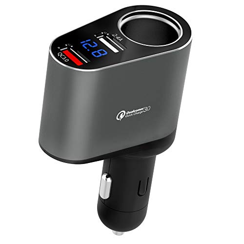 Car Charger Adapter, 60W Cigarette Lighter Socket Splitter, Dual USB Quick Charge 3.0 and 2.4A USB, Voltage Display for iPhone,iPad,Smart Phone,Andriod,Samsung,Dash Cam,GPS (12V-24V)