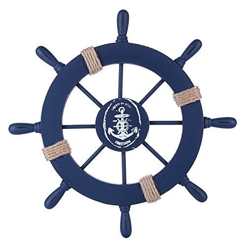 Book Cover Rienar Nautical Beach Wooden Boat Ship Steering Wheel Fishing Net Shell Home Wall Decor (Deep Blue)