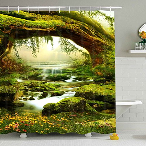 Bathroom Shower Curtain Nature Landscape Shower Curtains, Jungle Trees Streams Mossy Rocks Bath Curtain Durable Waterproof Fabric Bathroom Curtain with 12 Hooks