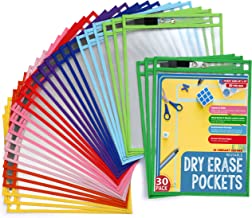 Book Cover Dry Erase Pockets 30 Pack - Dry Erase Sleeves - Reusable Sheet Protectors - School or Work - Oversize 10 x 13 Inches - Job Ticket Holders