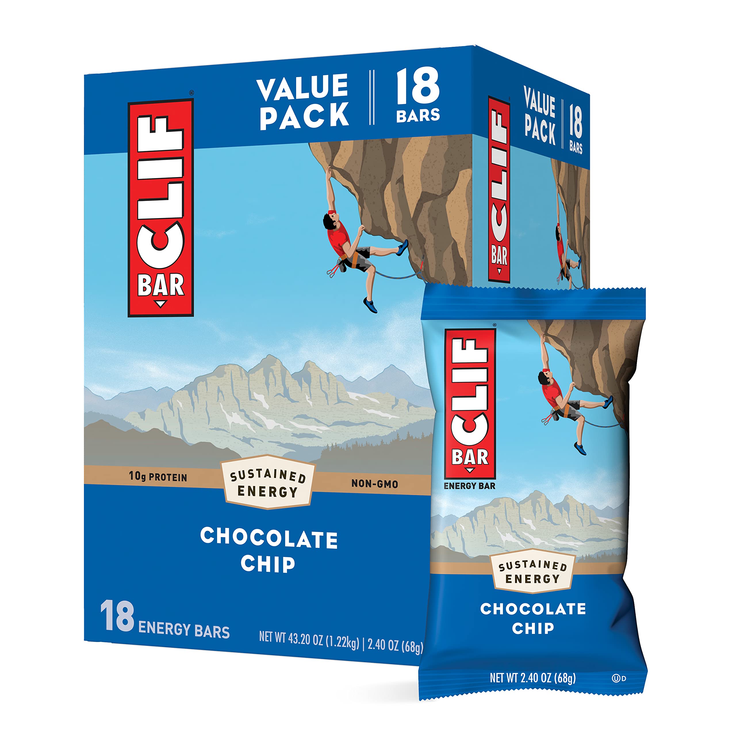 Book Cover CLIF BARS - Energy Bars - Chocolate Chip - Made with Organic Oats - Plant Based Food - Vegetarian - Kosher 2.4 Ounce Protein Bars, 18 Count (Pack of 1) Packaging May Vary