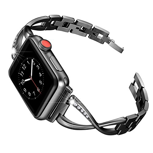 Secbolt Bands Compatible with Apple Watch Band 38mm 40mm 41mm Iwatch SE Series 8/7/6/5/4/3/2/1 Women Dressy Jewelry Stainless Steel Accessories Wristband Strap, Black