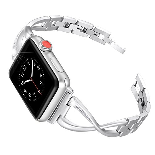 Book Cover Secbolt Bands Compatible with Apple Watch Band 38mm 40mm 41mm Iwatch SE Series 8/7/6/5/4/3/2/1 Women Dressy Jewelry Stainless Steel Accessories Wristband Strap, Silver