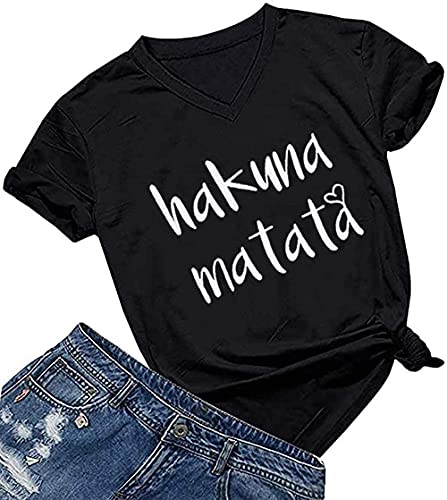 Hakuna Matata T Shirts Women Funny Letter Print Short Sleeve Casual Loose Graphic Tee Tops