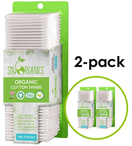 Cotton Swabs Organic by Sky Organics (2 pack 1000ct total) Natural Cotton Buds, Cruelty-Free Cotton Swabs, Biodegradable, All Natural Cotton Swabs, Chlorine-Free Hypoallergenic Cotton Swabs