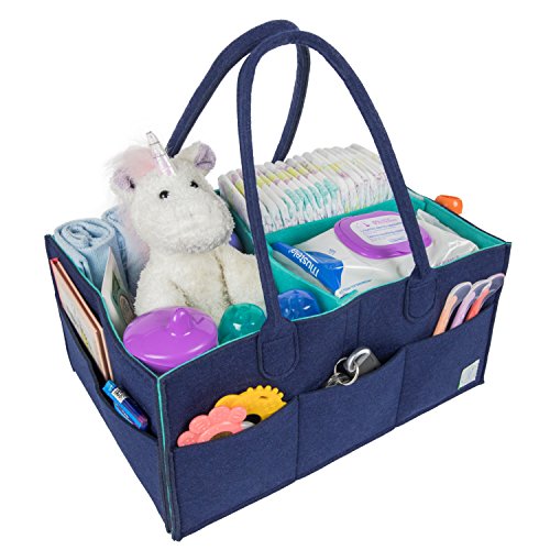 Baby Diaper Caddy Organizer by MI Risingstar - Large Nursery Storage Basket to Organize Newborn Essentials for Car Travel, Changing Table - Felt Tote Bag with Dividers - Baby Shower Gift - Boy or Girl