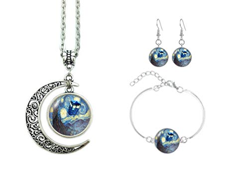 Moon Necklace Crescent Pendant Star Night Charms Gift for Women (Necklace Bracelet Earrings)