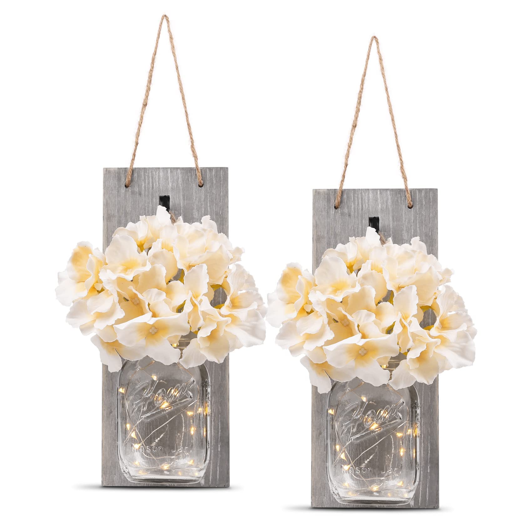 Book Cover HOMKO Decorative Mason Jar Wall Decor - Rustic Wall Sconces with 6-Hour Timer LED Fairy Lights and Flowers - Farmhouse Home Decor (Set of 2) Gray Medium