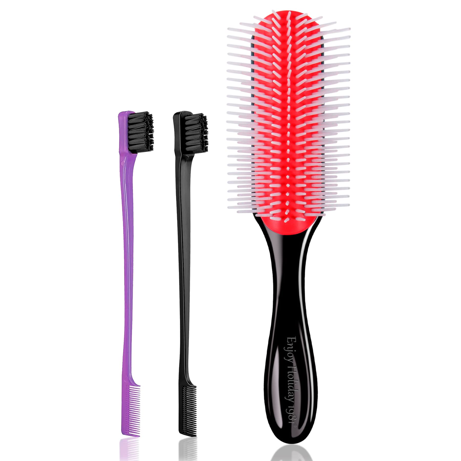 Book Cover Hair Brush for Women Men Curly Wet or Dry Hair Classic Detangling Brushes 9 Row with Edge for Natural Thick Hair, Blow Styling Separating, Shaping Defining Curls Tools Travel Bristle Black Hairbrush 3 In 1