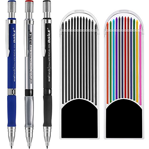 3 Pieces 2.0 mm Mechanical Pencil with 2 Cases Refills, Color and Black Refills for Draft Drawing, Writing, Crafting, Art Sketching