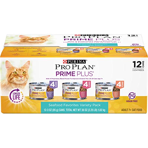 Purina Pro Plan Grain Free Senior Pate Wet Cat Food Variety Pack, PRIME PLUS Seafood Favorites - (2 Packs of 12) 3 oz. Cans
