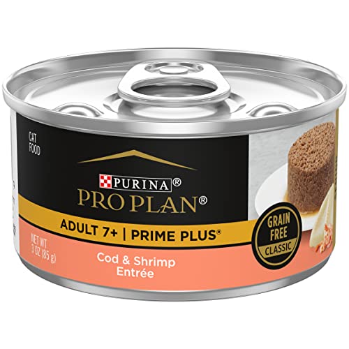 Purina Pro Plan Grain Free Senior Wet Cat Food Pate, SENIOR Prime Plus Cod & Shrimp Entree - (24) 3 oz. Pull-Top Cans
