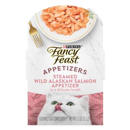 Purina Fancy Feast Wet Cat Food Complement, Appetizers Steamed Wild Alaskan Salmon in Delicate Broth - (10) 1.1 oz. Trays