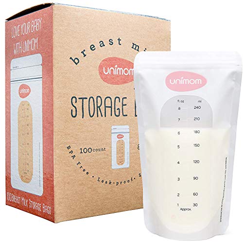 Unimom Breastmilk Storage Bags - 8oz â€“ Zip-Top Leak Proof Closure - Self Standing, BPA Free, Pre Sterilized - Graduated Measurement Markings â€“ Easy Tear for Pouring (100 Count)