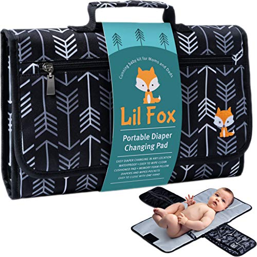Book Cover Portable Diaper Changing Pad by Lil Fox | Waterproof Portable Changing Pad for Moms, Dads and Babies | Use just One Hand; Memory Foam Baby Head Pillow; Pockets for Diapers, Wipes and Creams