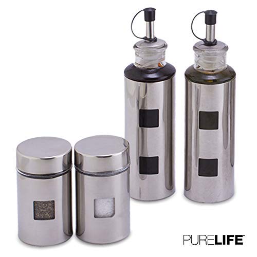 Book Cover Salt and Pepper Shakers & Vinegar and Olive Oil Dispensers for the Kitchen - Airtight Glass Condiment Jars & Refillable Bottles for Cooking - 4 Pc Set Covered in Elegant Protective Stainless Steel
