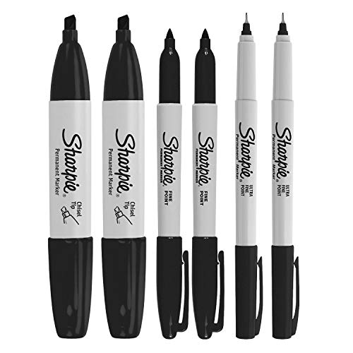 Book Cover Sharpie Permanent Markers, 6 Pack Assorted Sizes, Ultra Fine Tip, Fine Tip and Chisel Tip Permanent Markers - Black