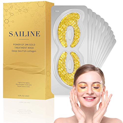 SAILINE 2018 New Deep Sea Fish Collagen 24K Gold Eye Mask For Dark Circles Anti-aging, soften and detoxify Puffiness Eye Treatment Pads Natural Under Eye Patches Ladys & Gentlemen Gifts (10 pairs)