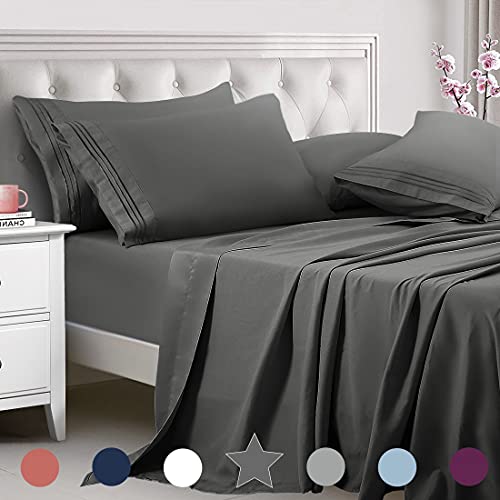 Book Cover TEKAMON Queen Bed 6 Piece Sheet Set Cooling 100% Microfiber Polyester Extra Deep Pocket Fitted Sheet Luxury Soft,Breathable,Wrinkle Free Flat Sheet Dark Grey