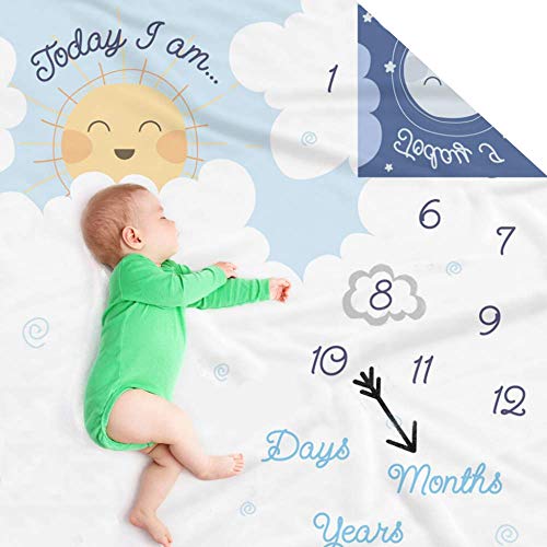 Book Cover Double Sided Monthly Baby Milestone Blanket- Month Blanket for Baby Pictures | Photo Blanket with Baby Photo Props | Monthly Blankets for Newborns | Baby Boy Girl Milestone Blanket (White and Blue)