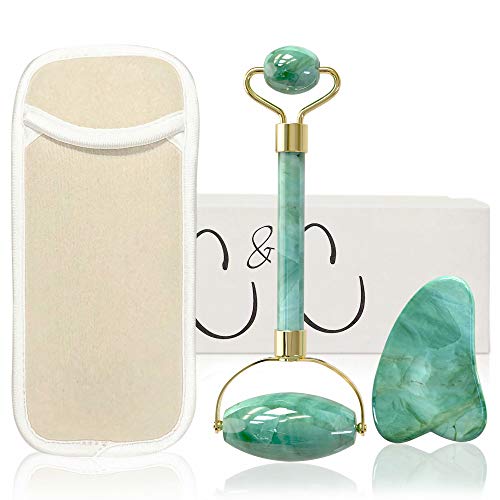 Book Cover Genuine Anti Aging Jade Roller Gua Sha Scraping Tool Massage Set- Upgrade Beauty Routine for Glowing Skin. 100% Real Natural Jade Facial Double EZ Eye Roller Neck Slimming Face Wrinkle Healing Stones