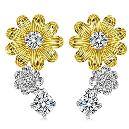 PN PRINCESS NINA ❀Spring Blossom❀ Sunflower Stud Earrings Sterling Silver with 5A Cubic Zirconia Gold Plated Friendship Jewelry for Girl Valentines Day Birthday Gifts with Gift Box