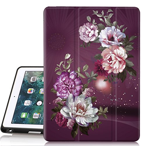 Hocase iPad 6th/5th Generation Case, Trifold Folio Smart Case with Apple Pencil Holder, Auto Sleep/Wake Feature, Soft TPU Back Cover for iPad A1893/A1954/A1822/A1823 - Royal Purple/White Flowers