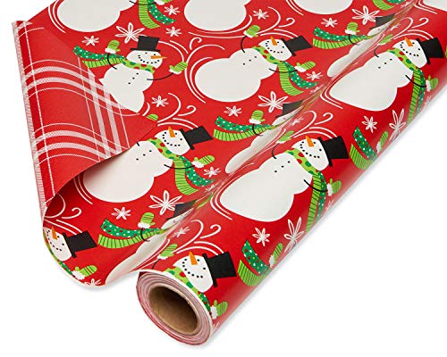 Book Cover American Greetings Reversible Christmas Wrapping Paper, Candy Cane Stripe, Snowmen and Santa Belt (4 Pack, 80 sq. ft.)