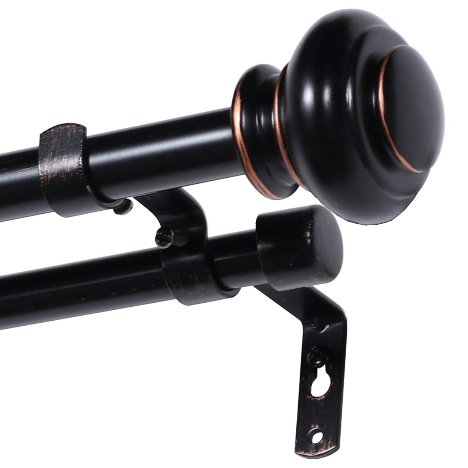 Elegant Window Treatment Telescoping Double Curtain Rod Set with Classic Cap, 3/4-Inch Diameter, Adjusts from 28 to 48 Inches, Black with Antique Bronze Finish 28"-48" Black
