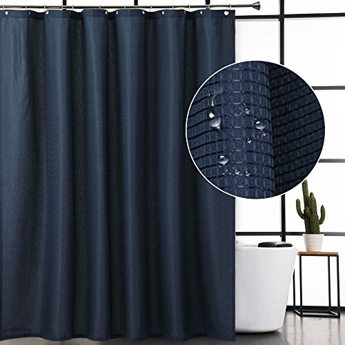 Book Cover CAROMIO Navy Waffle Fabric Shower Curtain, Water-Repellent Waffle Weave Fabric Shower Curtain for Bathroom, 72 x 72, Navy Blue