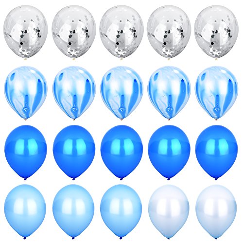 Blue Silver Confetti Balloons Agate Marble Stripe Assorted Colors Party Balloon, 12 Inch Pack of 20, Metallic Latex Balloons for Baby Shower Birthday Wedding NYE Party Decoration Supply, Blue Set