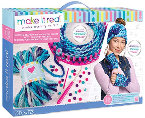Make It Real - Knitting: Beanie Bun and Gloves. DIY Arts and Crafts Kit Guides Kids to Crochet a Beanie and Fingerless Gloves with Acrylic Yarn