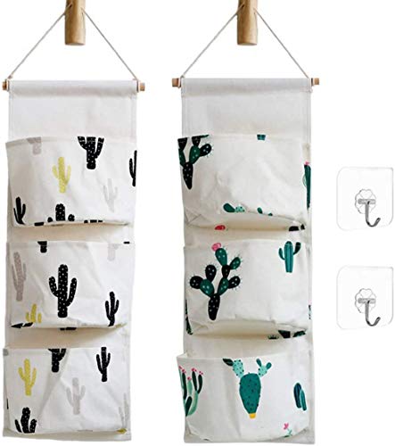 KRLIFCSL Cactus Wall Door Closet Hanging Storage Bag Canvas Fabric 3 Pockets Over The Door Organizer Pouch, 2 Pack (Cactus)