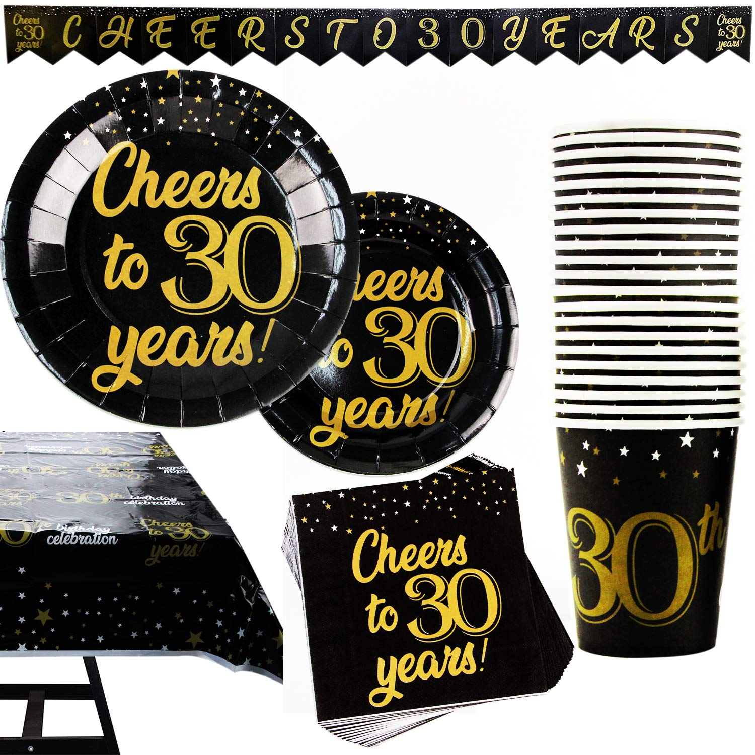 102 Piece 30th Birthday or Anniversary Party Supplies Set Including Plates, Cups, Napkins,Banner and Tablecloth, Serves 25