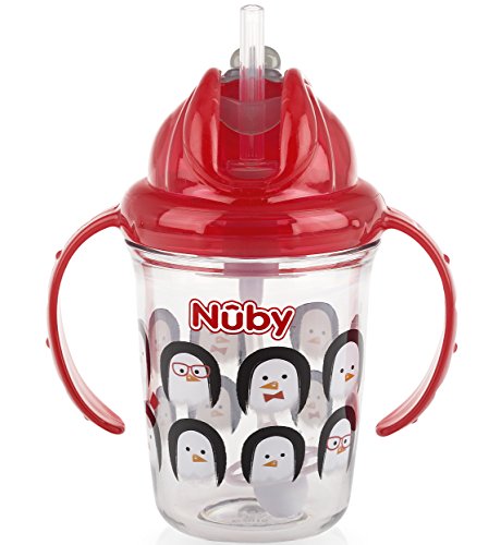Nuby 2-Handle Printed No-Spill Thin Flip-It W/360 Weighted Straw Cup, Penguin/Red