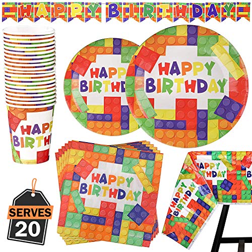 Book Cover 82 Piece Building Blocks Party Supplies Set Including Banner, Plates, Cups, Napkins, and Tablecloth, Serves 20