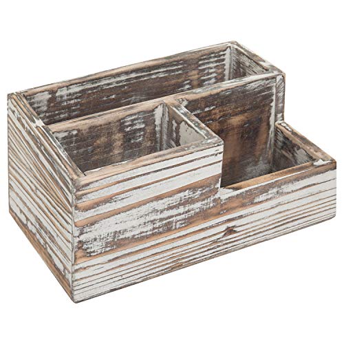 MyGift Rustic Torched Wood Office Desk Stationery Organizer - 3 Compartment Remote Control and Media Storage Holder