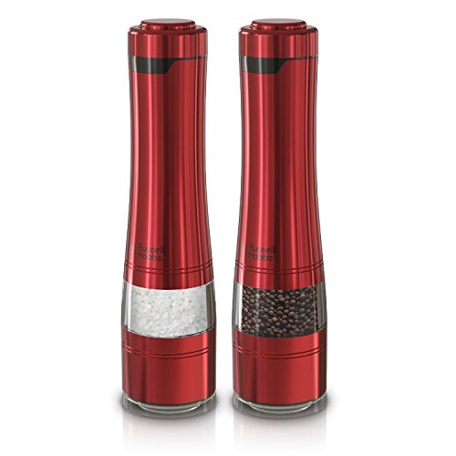 Book Cover Russell Hobbs Electric Salt and Pepper Mill Set with Adjustable Coarseness, Set of 2 Grinders, Red