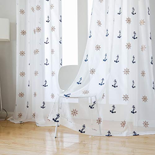 Book Cover Taisier Home Window Treatments Sheer Curtains Draperies with Nautical Anchor for Living Room/Bedroom/Nursery Sliding Glass Door Ring Top Processï¼ˆ52