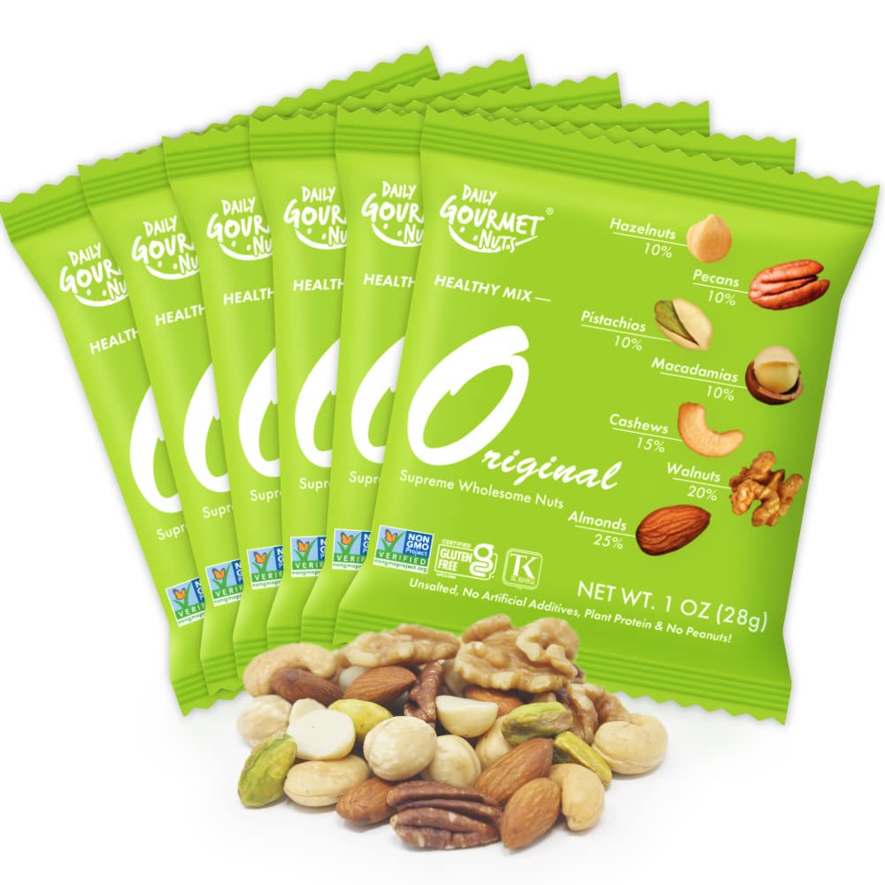 Book Cover Daily Gourmet Nuts - Unsalted Mixed Nuts Snack Packs/Individually Wrapped Snacks/Nut Snacks/No Peanuts/Healthy Trail Mix Individual Packs/Deluxe Assorted Snacks (A. Original, 24 Packs) A. Original 1 Ounce (Pack of 24)