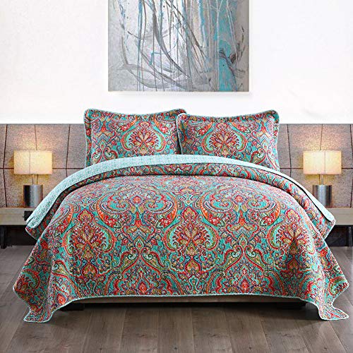 Book Cover NEWLAKE Cotton Bedspread Quilt Sets-Reversible Patchwork Coverlet Set, European Gorgeous Floral Pattern, King Size