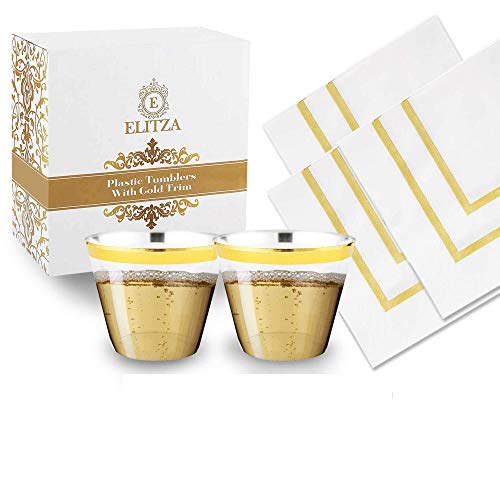 Elitza Gold Plastic Cups - 9oz Tumblers with Gold Rim 50 count | BONUS 50 Napkins with Gold Trim Included | Disposable Reusable Fancy Elegant Gold Rimmed Cups for Weddings Parties Showers Events