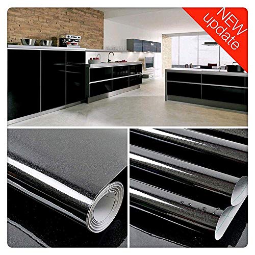 Shiny Black Contact Paper Vinyl Self Adhesive Film Decorative Shelf Liner Stick and Peel Wallpaper For Kitchen Countertops Cabinets Furniture (15.8" X 78.8")