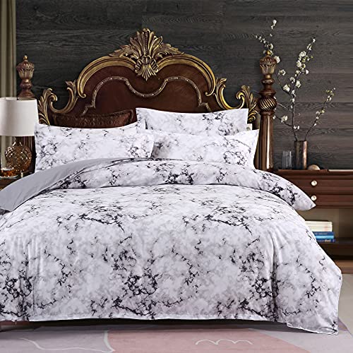 Mengersi Marble Duvet Cover Set White Gray Black Bedding Set with Zipper Corner Ties (King)
