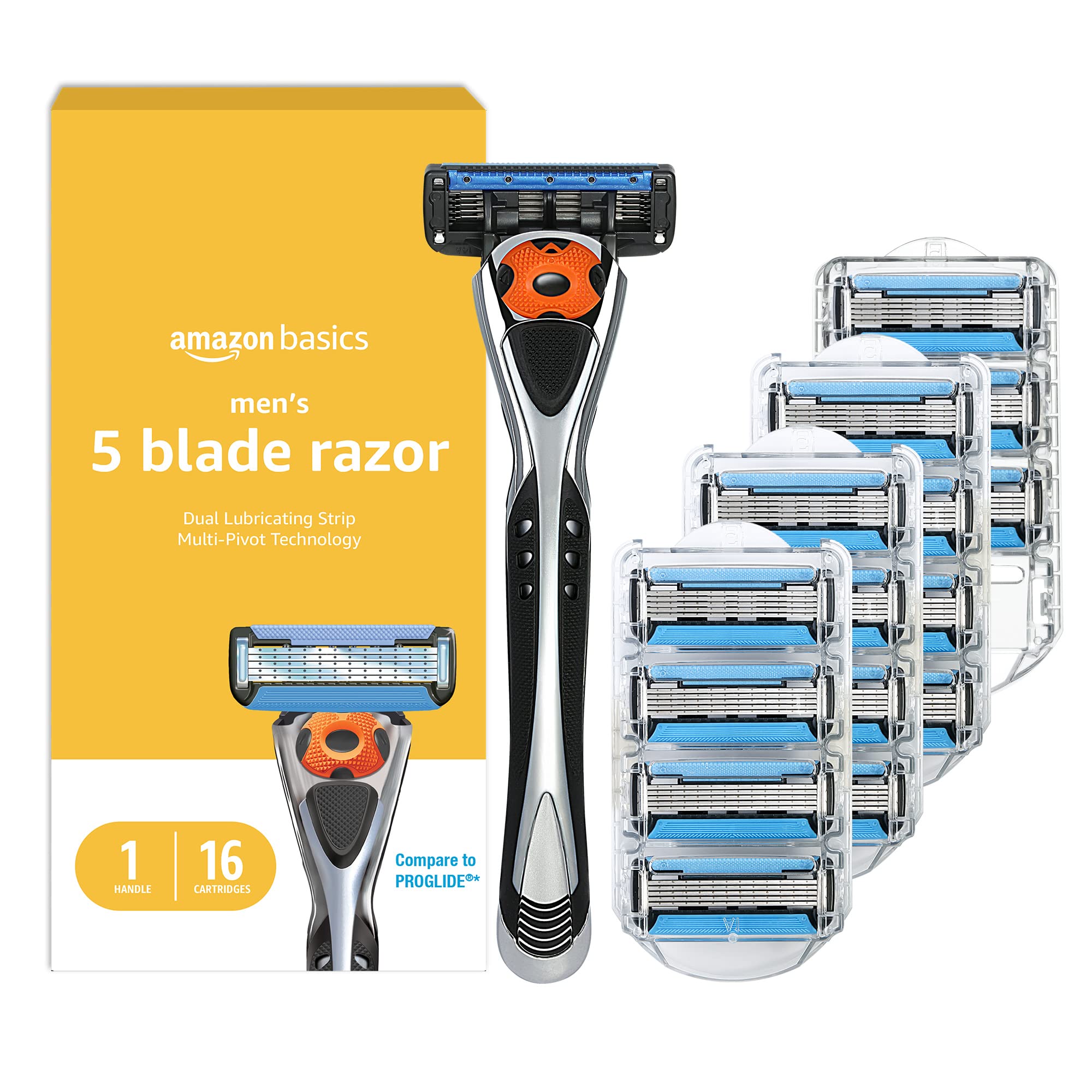Book Cover Amazon Basics 5-Blade MotionSphere Razor for Men with Dual Lubrication and Precision Trimmer, Handle & 16 Cartridges, Cartridges fit Amazon Basics Razor Handles only, 17 Piece Set, Black Handle + 16 Refills (Razor)